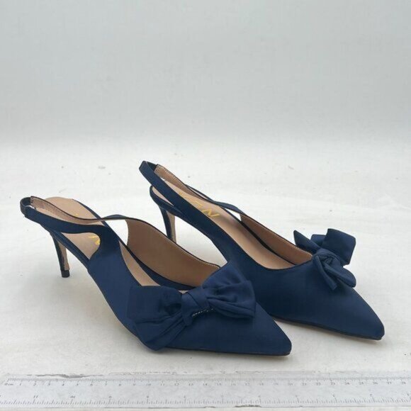 YDN Blue Pointed Toe Bow Slingback Slip on Pump Mid Heels Evening Satin Sandals - Picture 4 of 8
